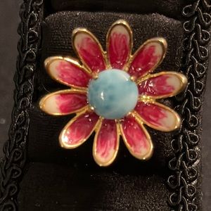 Large Enamel Flower With Center Larimar Cabochon Stone TJC Gold Plate